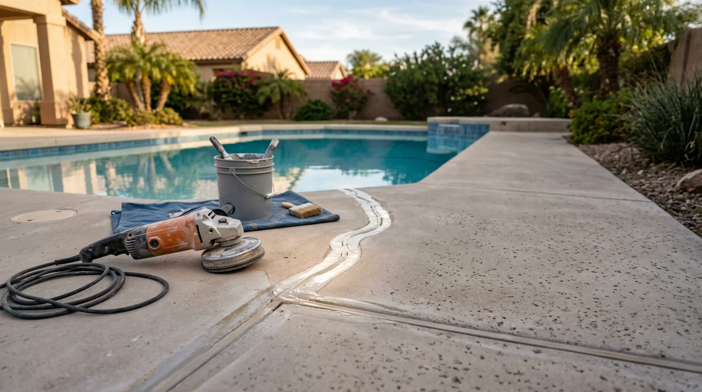Technician inspecting and repairing a crack in a residential pool wall