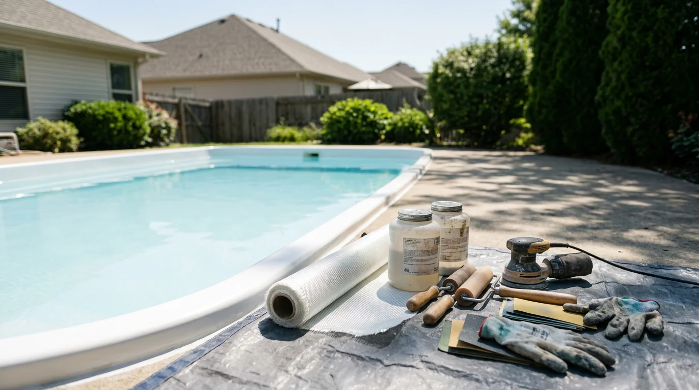 Technician applying fiberglass repair compound to pool interior crack