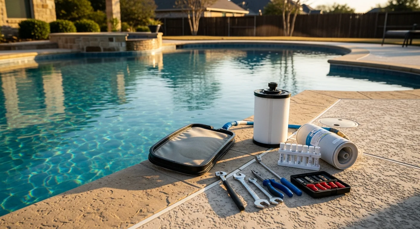 Pool repair technician performing leak detection on a residential pool