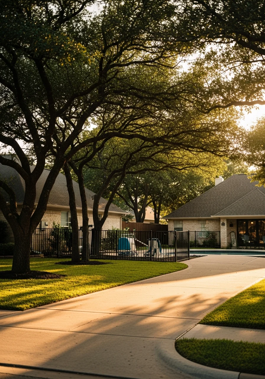 Diverse DFW residential street with mix of architectural styles and mature trees.