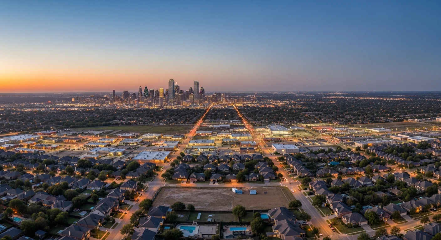 Dallas skyline at dusk with illuminated downtown buildings and surrounding suburban neighborhoods.