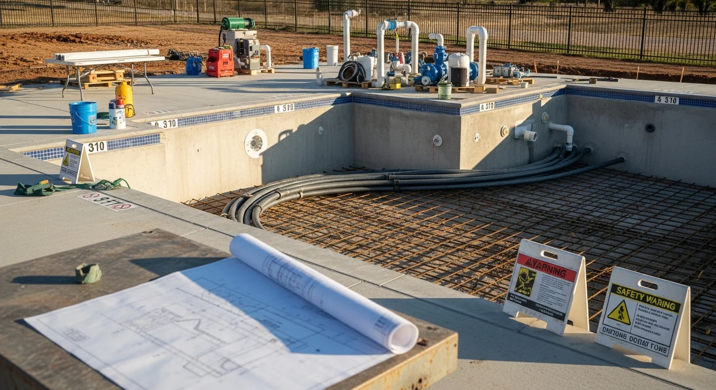 A newly constructed commercial swimming pool at a Wylie, TX residential amenity center, featuring a concrete deck, safety fencing, and clear blue water under a bright Texas sky. The pool is sized for community use with visible depth markers along the pool edge.