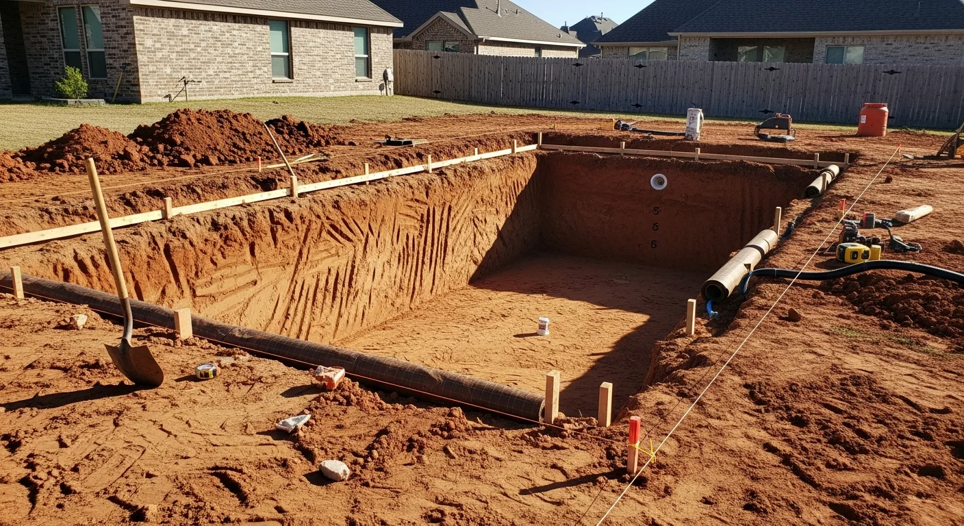 A finished custom pool in a Wylie, Texas backyard featuring a freeform shape, tanning ledge, and concrete deck designed to complement the home's exterior. The pool reflects a design built for North Texas outdoor living.