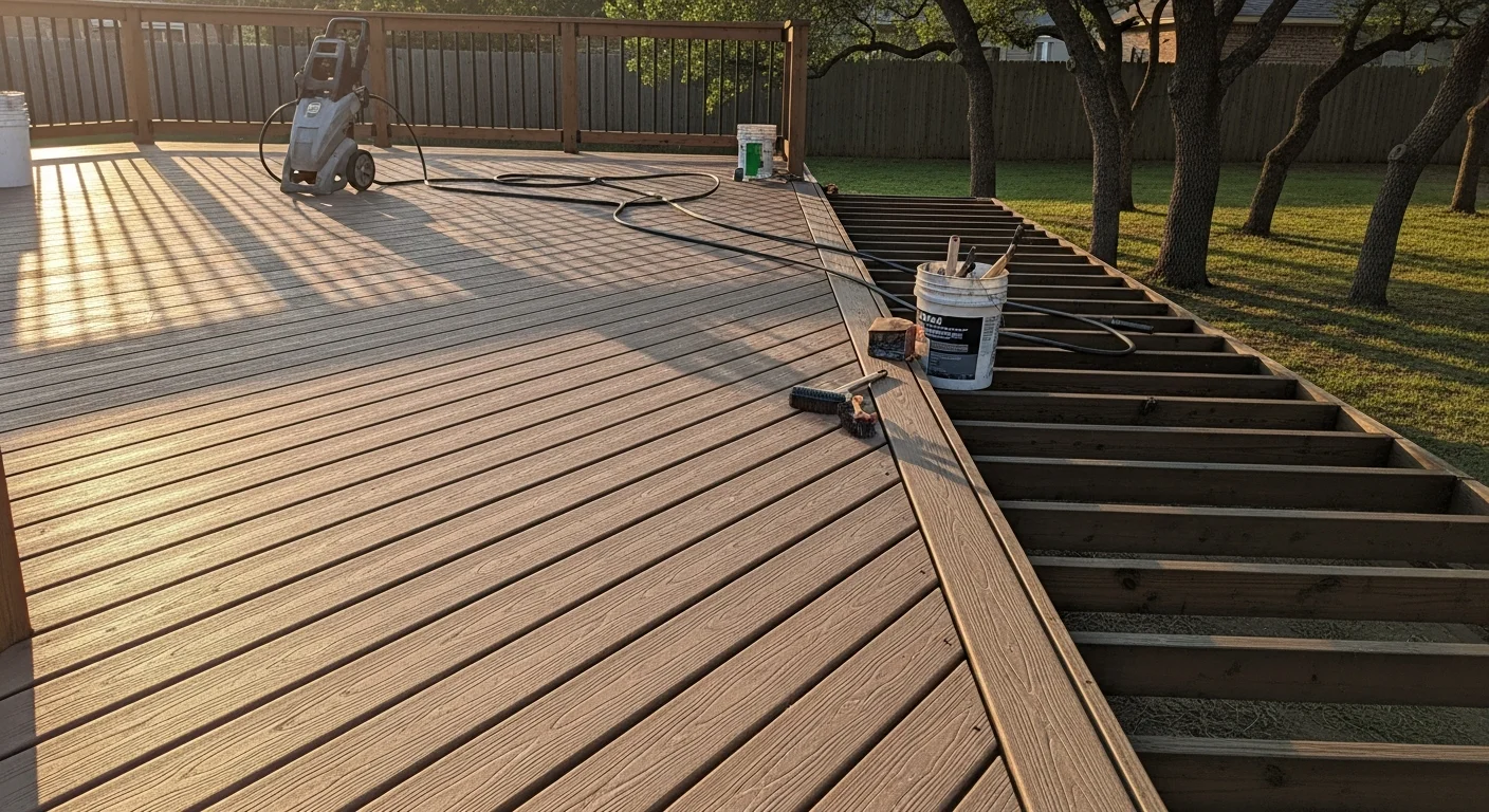 A freshly resurfaced backyard deck in Wylie, Texas, showing smooth, even boards and clean railings on a residential property. The restored surface is ready for outdoor seating and use under a clear Texas sky.