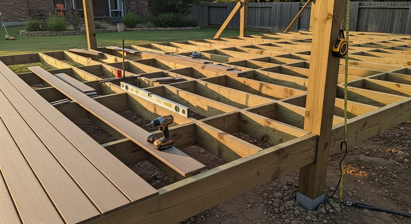 A newly installed wood-framed backyard deck behind a single-family home in Wylie, Texas, with open space for outdoor dining and a clear view of the surrounding yard. The deck surface is level and clean, showing fresh board installation and structural post footings set into the ground.