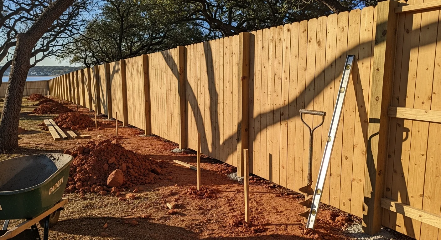 A newly installed wood privacy fence running along the backyard of a residential home in Wylie, Texas, with clean post lines and a latched gate visible on one side. The surrounding yard shows typical North Texas landscaping with a clear blue sky overhead.