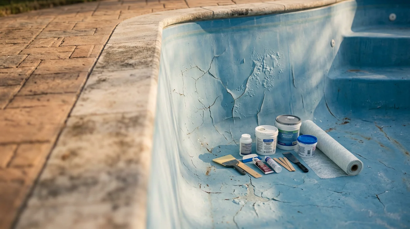 A repaired fiberglass pool in a Wylie, Texas backyard showing a smooth, even gelcoat surface with no visible cracks or blistering. The pool reflects clear water under bright North Texas sunlight.