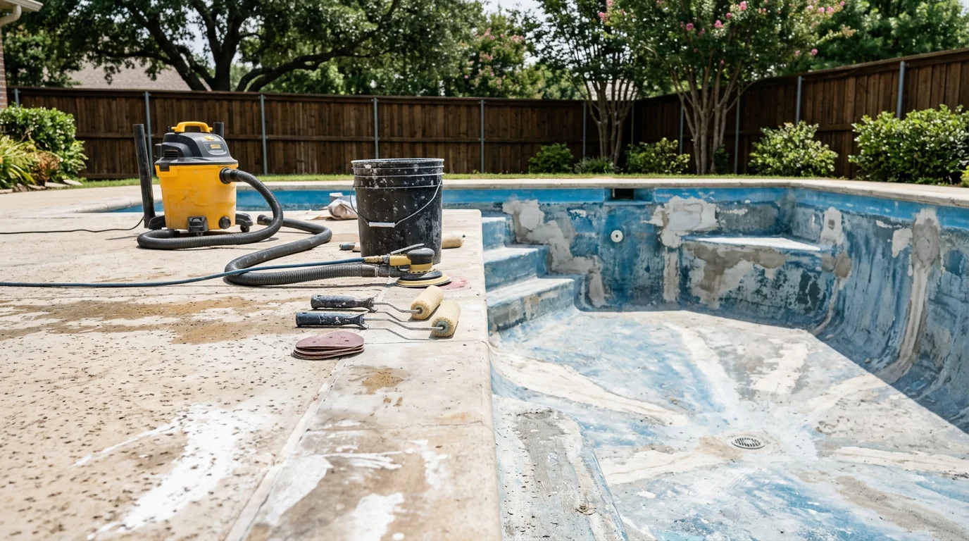 A resurfaced fiberglass pool in a Wylie, Texas backyard showing a smooth, evenly finished interior with no visible cracks, staining, or blistering. The restored surface reflects clear water under bright North Texas sunlight.