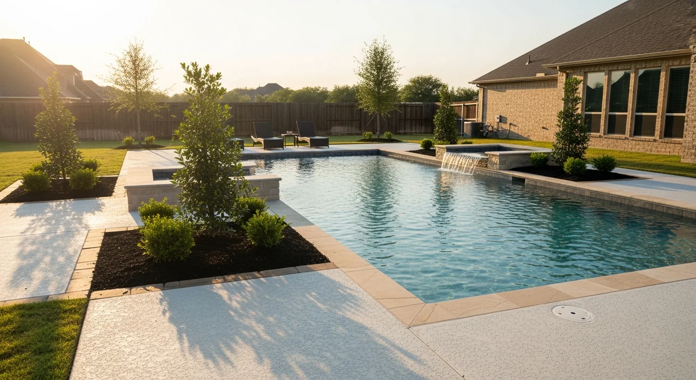 A neatly maintained residential backyard in Wylie, Texas, with trimmed shrubs, edged lawn, and clean mulched plant beds surrounding an outdoor living area. The turf is green and evenly cut, with defined borders along a concrete patio edge.