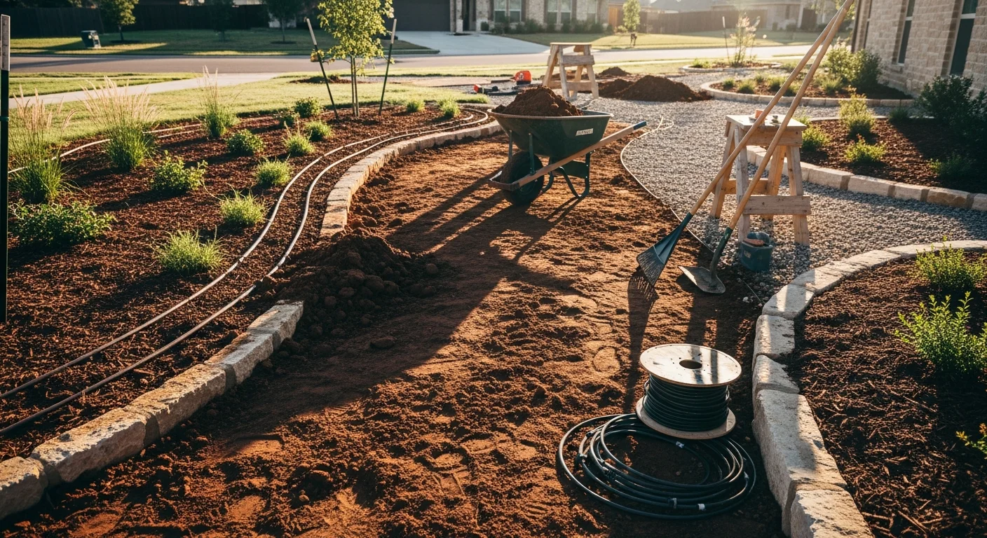 A finished backyard landscape installation at a Wylie, Texas home, showing structured plant beds, a stone hardscape patio, and graded lawn areas designed for North Texas drainage and heat. The outdoor space connects directly to a residential pool area with clean edging and drought-adapted plantings.