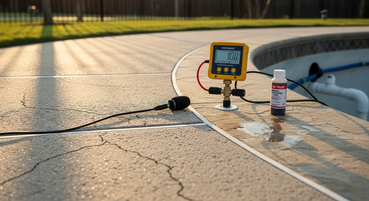 A pool technician performing pressure testing on underground pool plumbing lines at a residential backyard pool in Wylie, Texas. The pool shell and surrounding deck are visible, with testing equipment connected to a return line fitting.