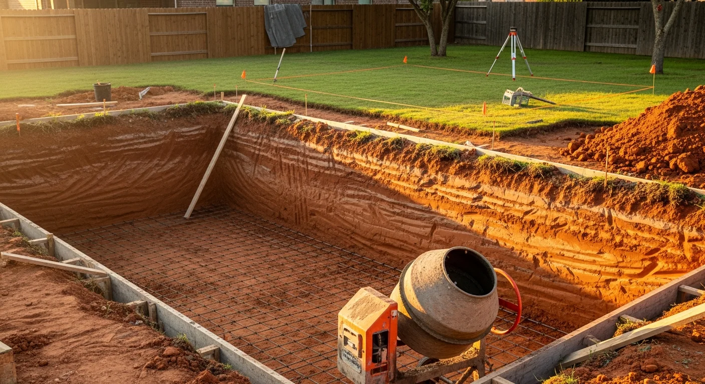 A newly constructed in-ground pool in a Wylie, Texas backyard, showing finished concrete coping, clean water, and a surrounding deck ready for use. The pool is set within a residential lot typical of Collin County, with a code-compliant fence enclosure visible along the perimeter.