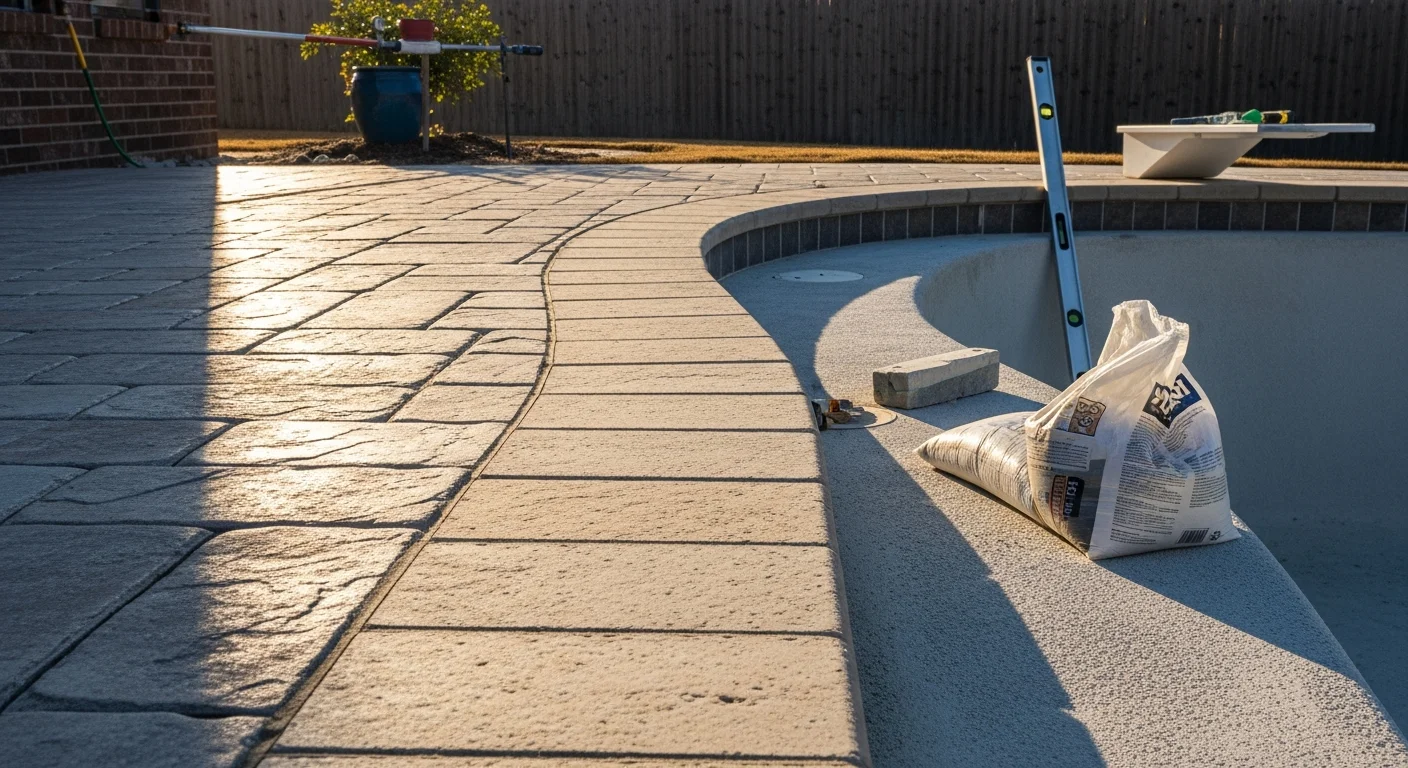 Freshly installed pool coping along the edge of a backyard inground pool in Wylie, Texas, showing clean stone alignment where the pool wall meets the surrounding deck. Close-up view highlights the finished joint work and smooth edge profile after a full coping replacement.