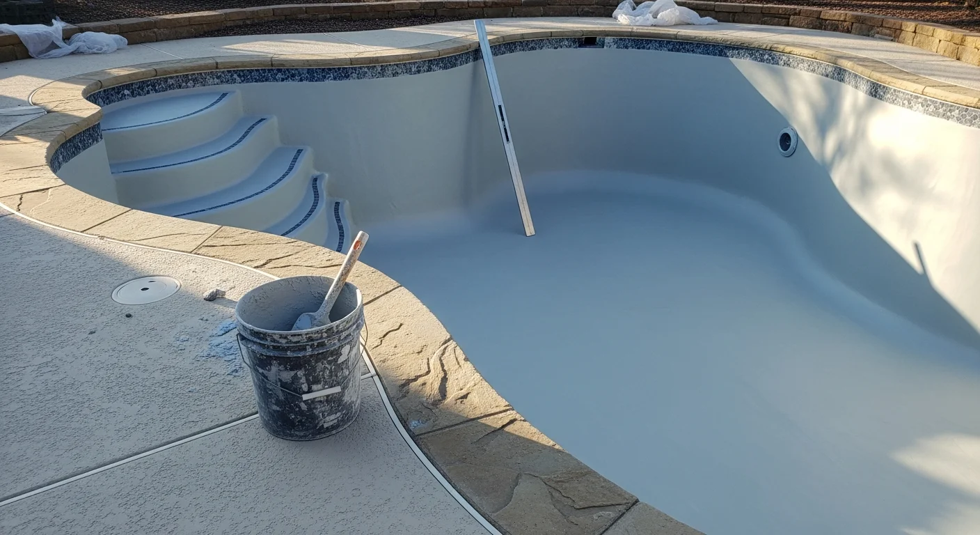 A freshly plastered residential pool interior in Wylie, Texas, showing a smooth, bright white surface with clean water lines along the pool walls. The pool sits in a backyard setting typical of a North Texas home, with the new plaster finish clearly visible across the floor and steps.