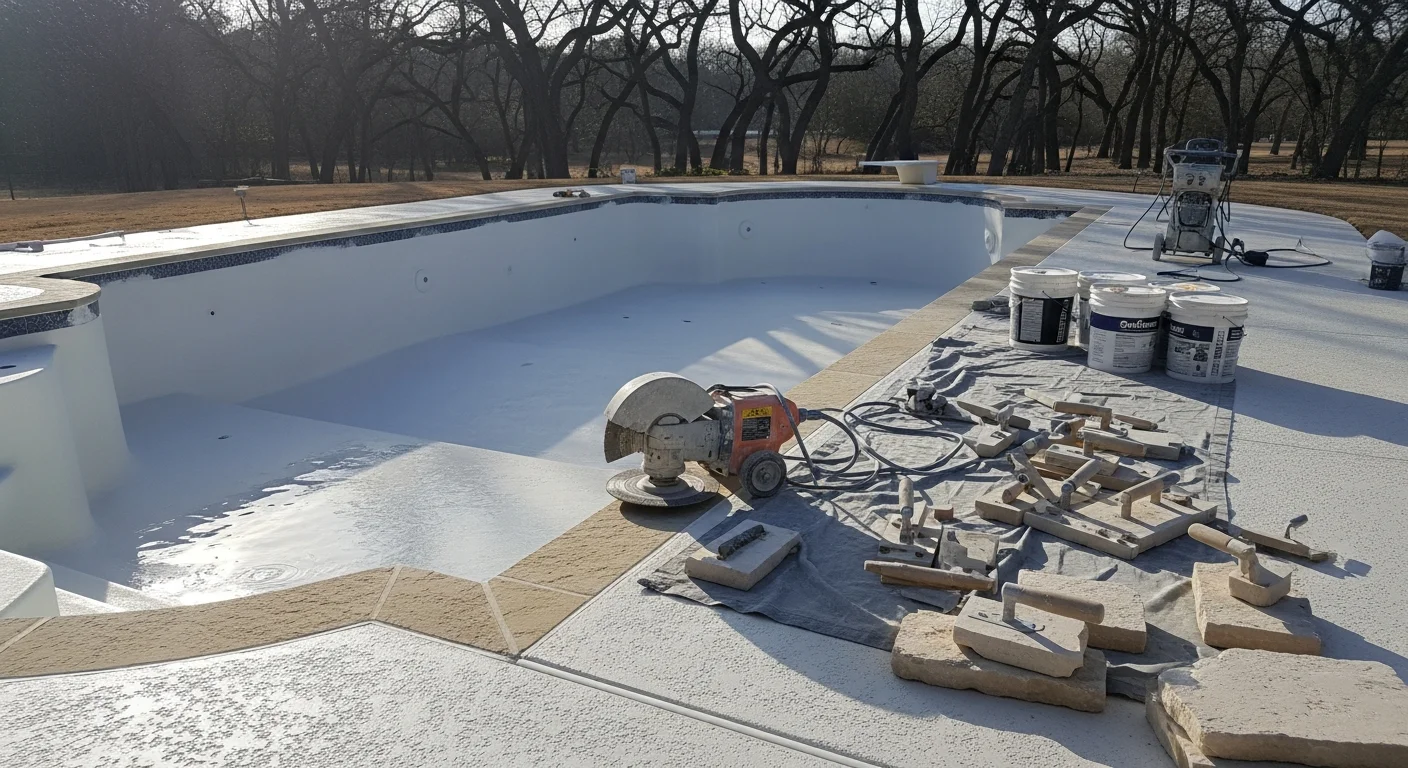 A freshly resurfaced backyard pool in Wylie, TX with new tile, clean coping, and updated decking surrounding the water. The pool interior shows a smooth, even finish with no staining or rough patches visible.