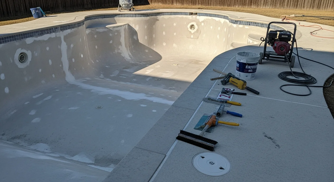A freshly resurfaced concrete pool in a Wylie, TX backyard showing a smooth, clean interior finish with clear water. The pool sits in a residential outdoor space typical of Collin County homes in North Texas.