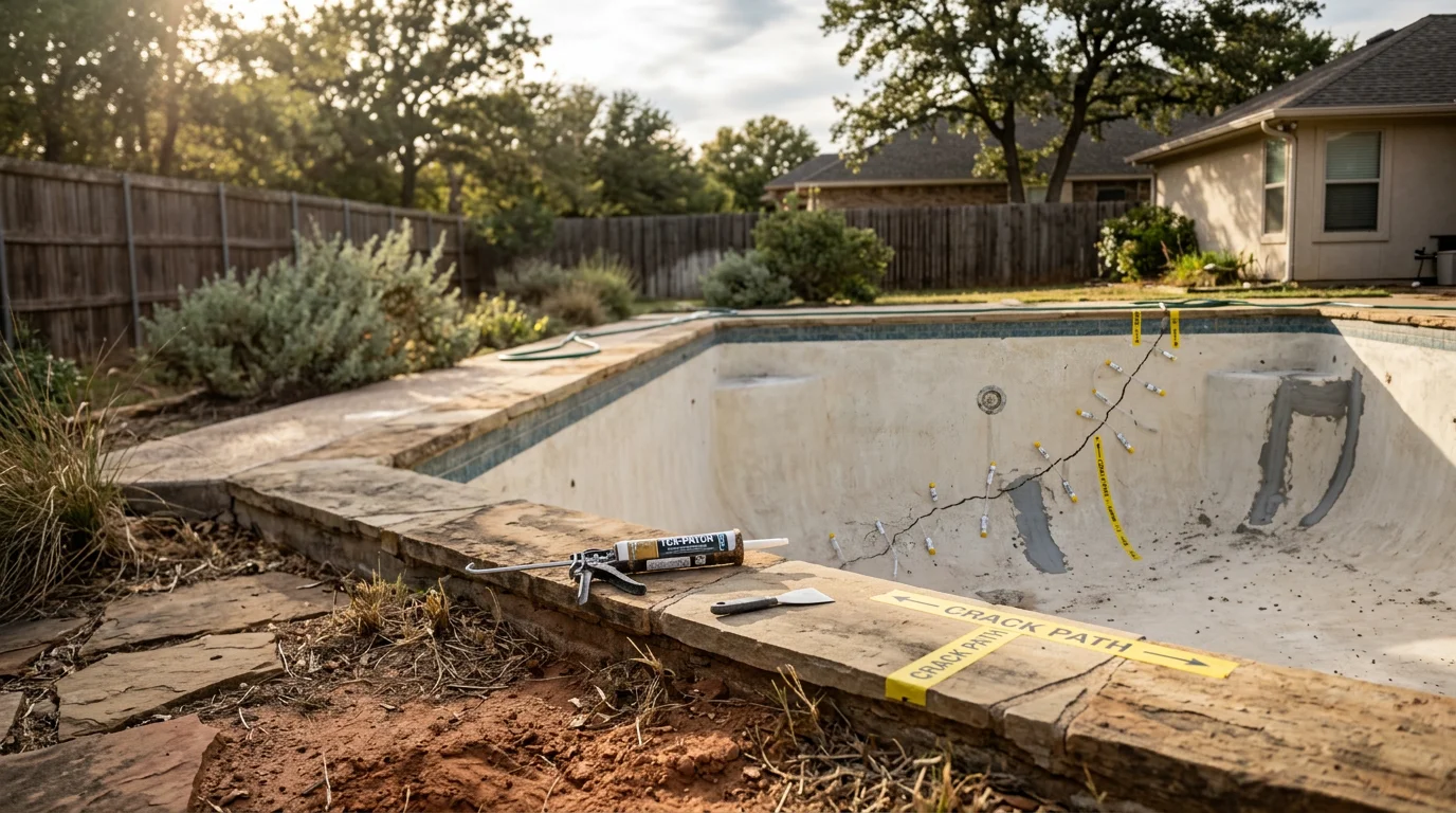 Close-up view of a repaired pool shell crack in a residential backyard pool in Wylie, Texas, showing a smooth, sealed surface along the pool wall. The surrounding area reflects a typical North Texas suburban backyard setting.