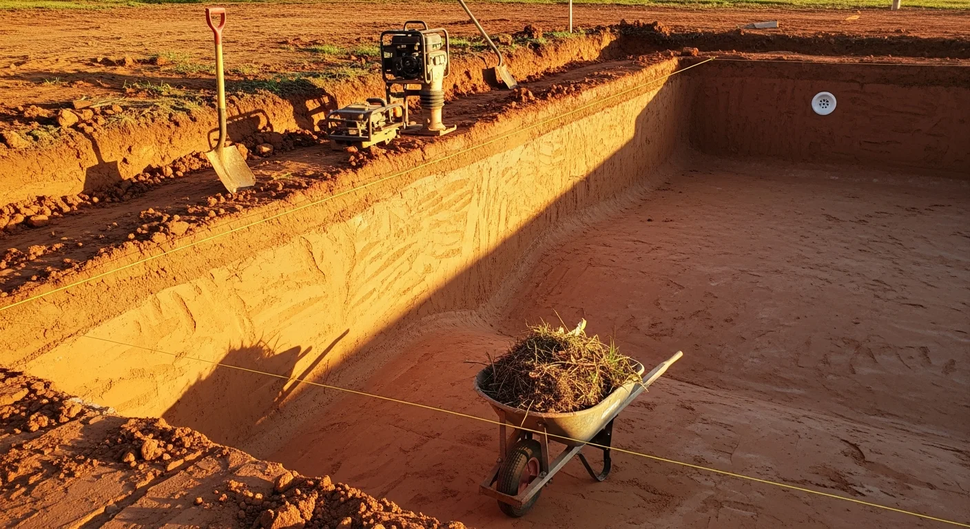A Wylie backyard during pool site preparation, showing a freshly excavated pool cavity with graded walls and a compacted subgrade ready for steel installation. Heavy equipment sits at the edge of the cleared footprint on a residential lot.