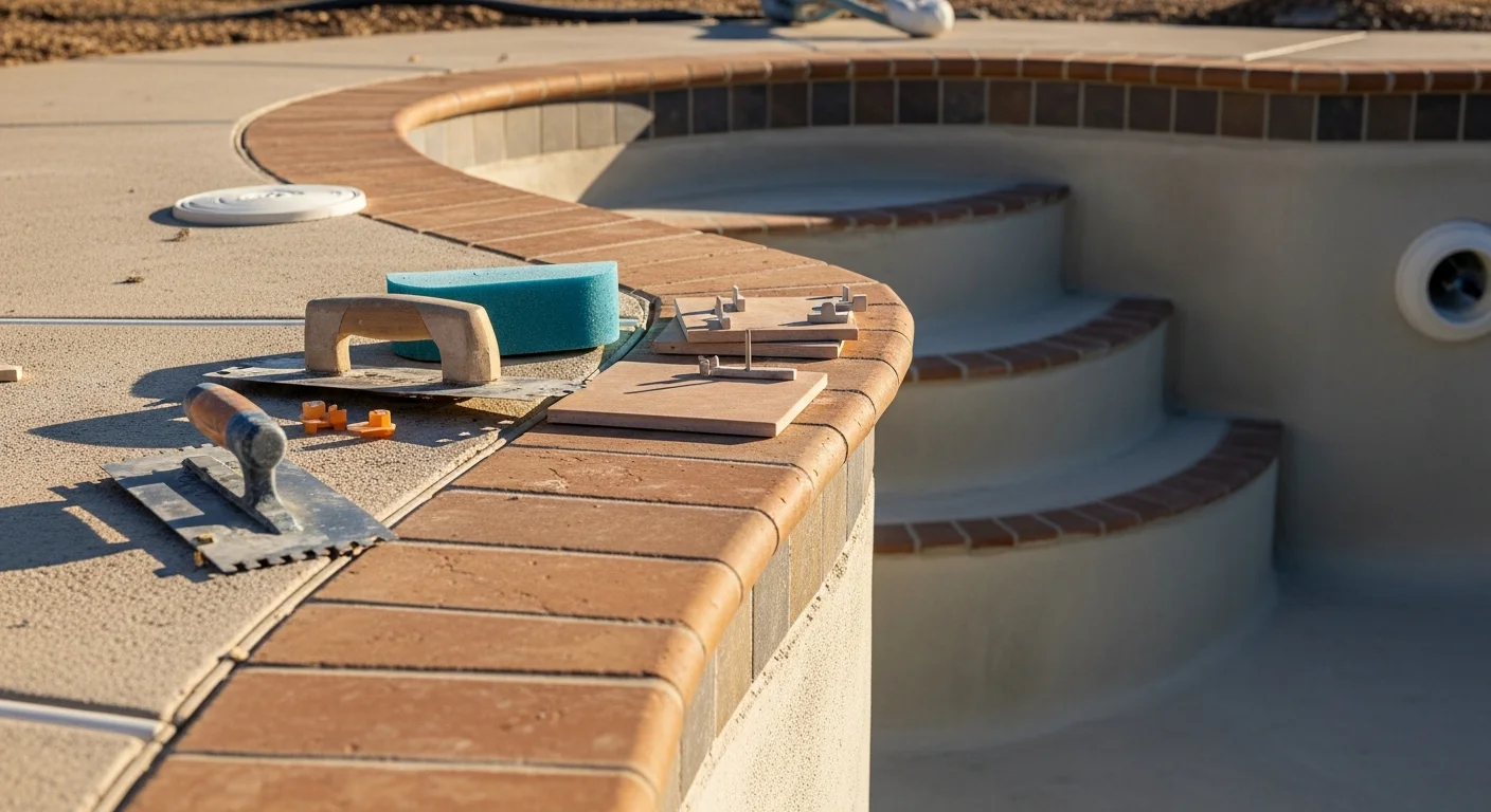 Freshly installed waterline pool tile on a residential inground pool in Wylie, Texas, showing clean grout lines and a smooth tile band running the perimeter of the pool. The surrounding deck and blue pool water are visible under bright North Texas sunlight.