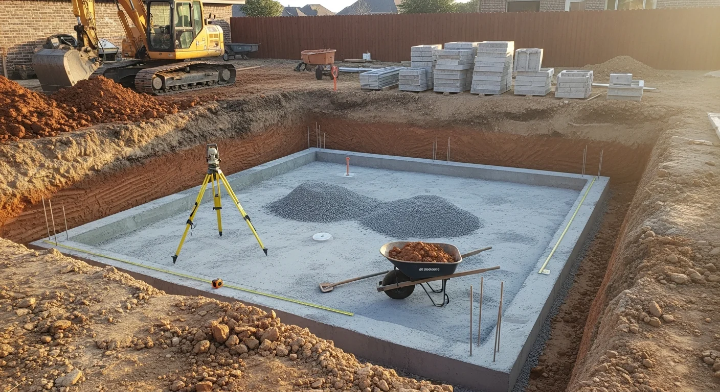 A newly completed custom residential pool in a Wylie, TX backyard, showing a rectangular pool with clean concrete decking and a surrounding lawn. The pool equipment pad is visible along the side fence line on a sunny North Texas afternoon.