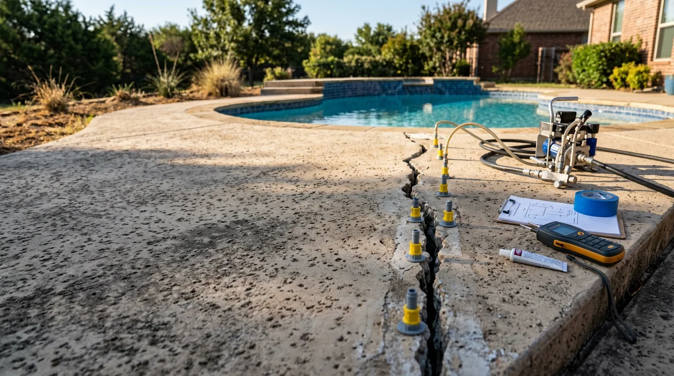 A repaired structural crack along the interior wall of a concrete pool in Wylie, Texas, showing a clean, sealed shell ready for resurfacing. The pool is empty with the repair area visible against the existing plaster finish.