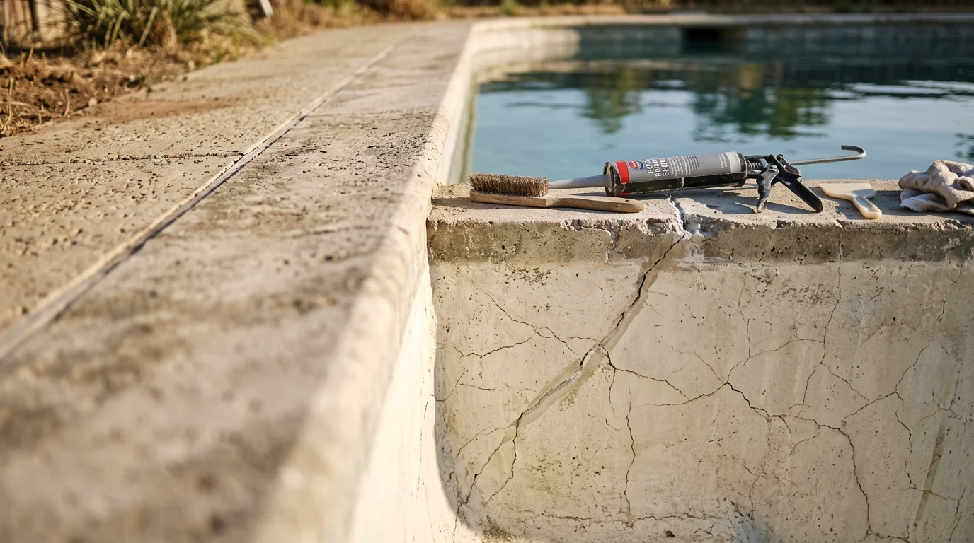 Close-up of a repaired pool surface crack on a concrete pool shell in Wylie, Texas, showing a smooth, sealed finish after professional surface crack repair. The pool is filled with clear water against a sun-lit backyard setting typical of a North Texas home.